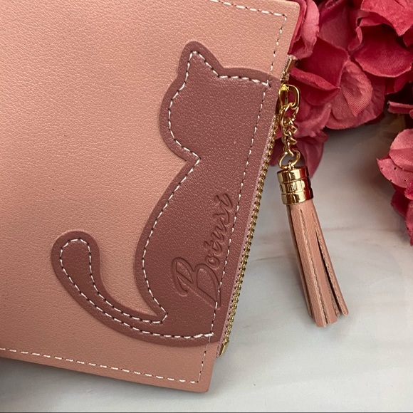 Vegan Leather Two Tone Pink Cat Wallet with Tassel - Picture 7 of 14